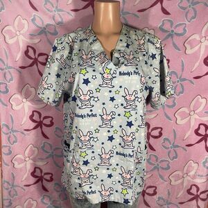 Happy Bunny Nobody's Perfect Scrub Top Size L V-Neck Short Sleeve Pocket Flawed